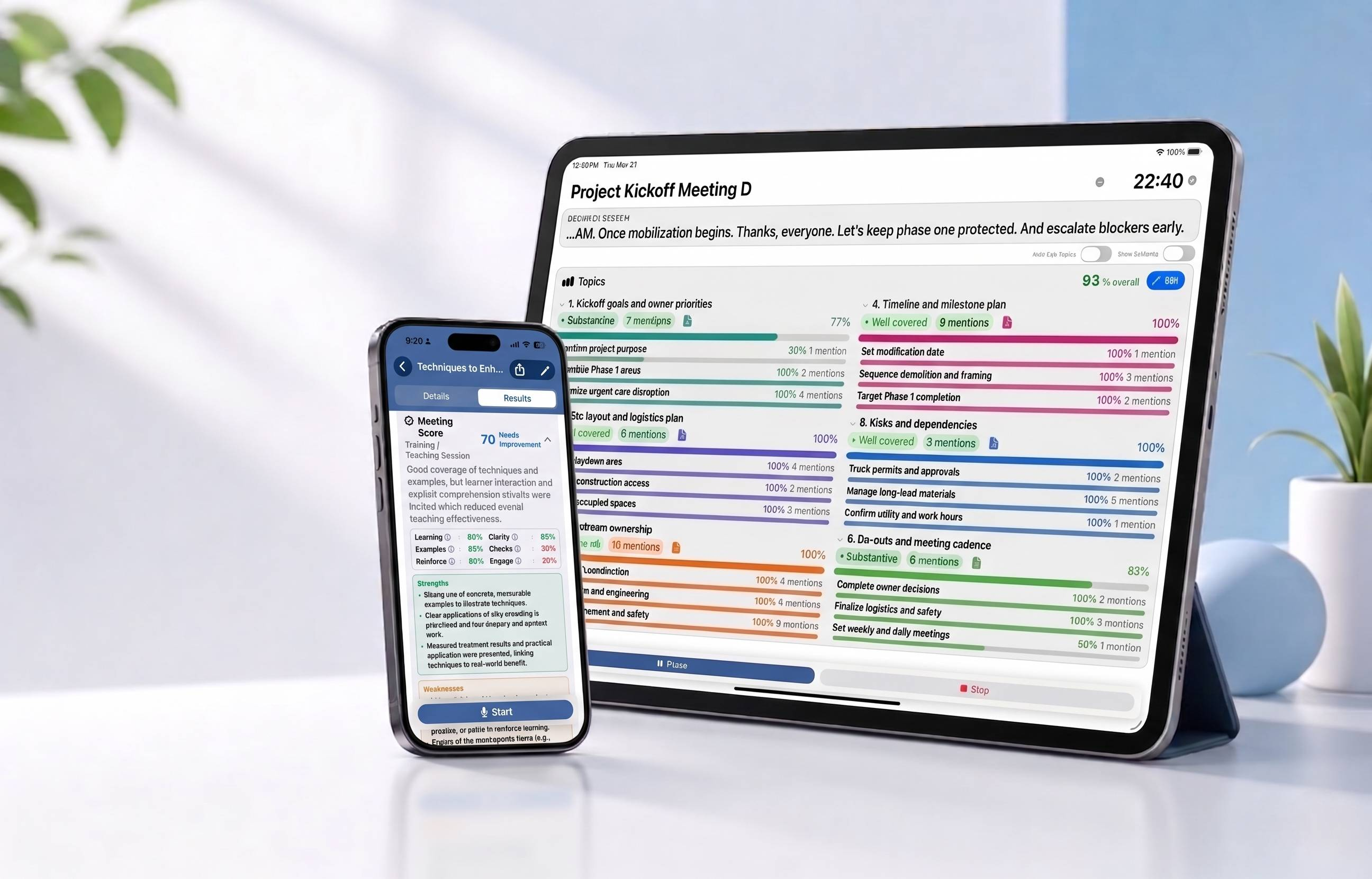 Agendra running on iPhone and iPad with agenda coverage dashboards